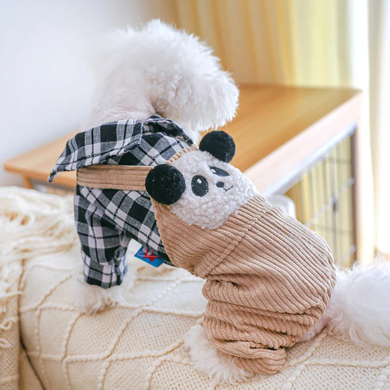 1PC Pet Apparel Dog Spring and Autumn Black and White Plaid Four legged Pants Cute Panda Strap Pants For Small Medium Dogs