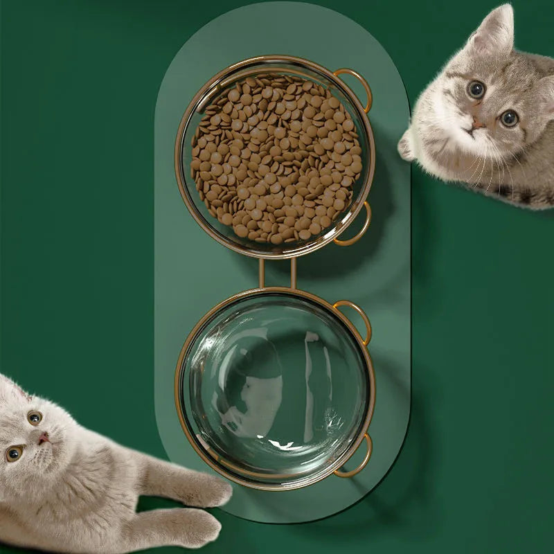 Nouveau chat mignon distributeur de nourriture pour animaux de compagnie verre chien Double bol bols pour animaux de compagnie avec support doré bols pour chat surélevés bol d'eau pour chien