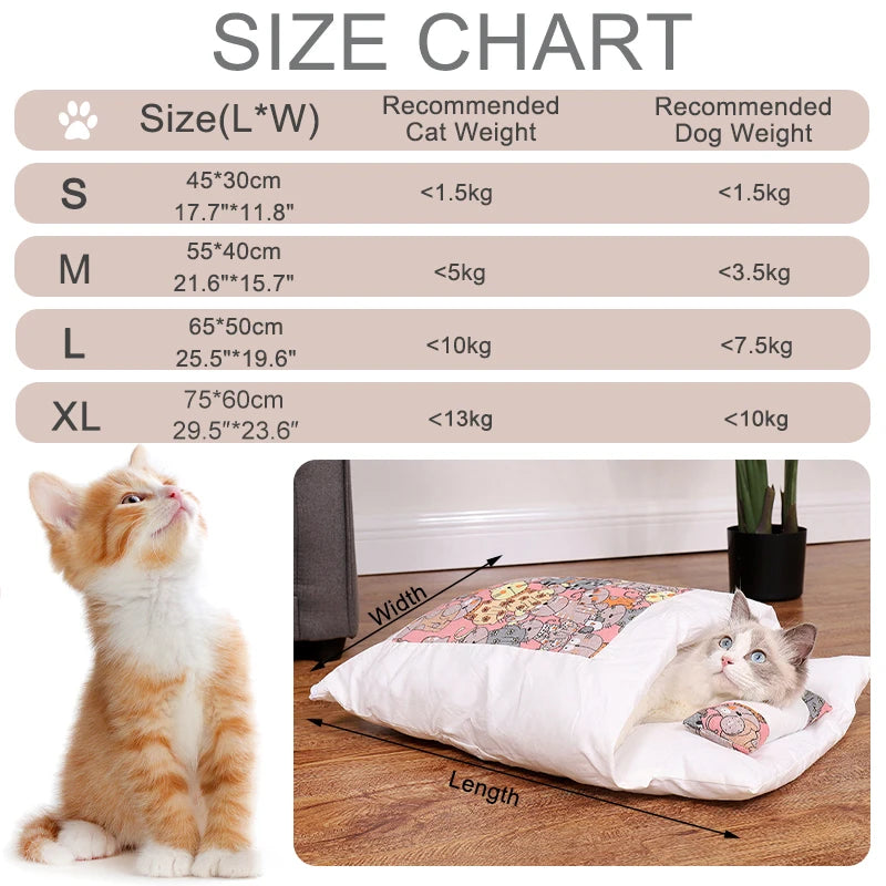 Cama para gatos japonesa, saco de dormir cálido para gatos, cueva para dormir profundo, cama extraíble para invierno para mascotas, cojín tipo nido para perros y gatos con almohada