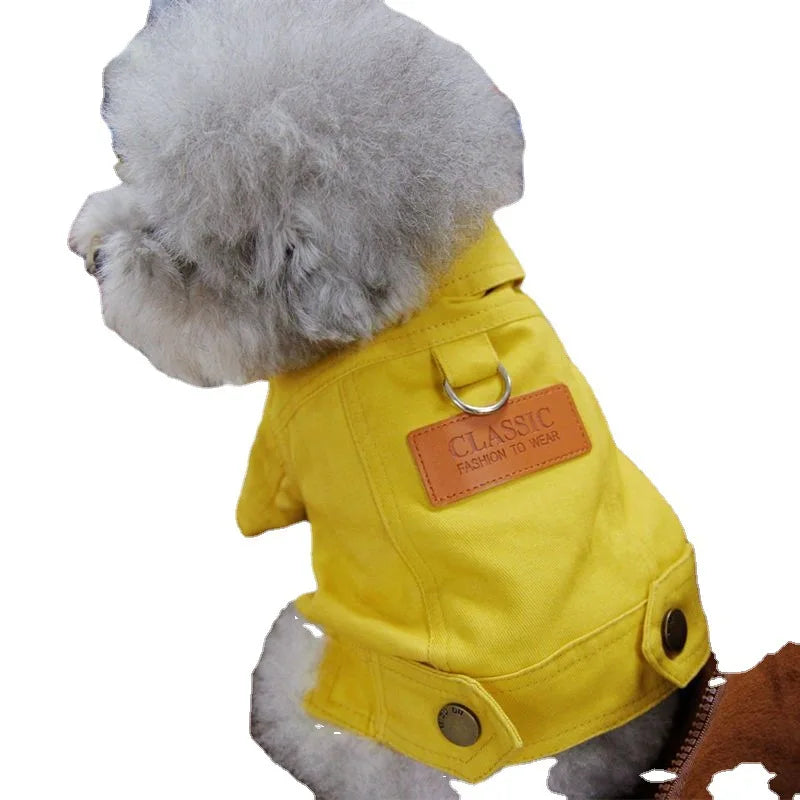 Traje de primavera para perros, abrigo vaquero, ropa con anillo de correa D para perros pequeños, medianos, cachorros, pantalones vaqueros de Color para mascotas, disfraz para perros pequeños