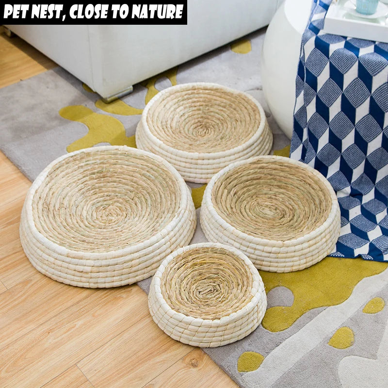 Straw Woven Cat Bed Bird Nest Cat Scratching Board Bowl-Shaped Pet Nest Cat Toy Supplies Hand-Woven Puppy Kennel Cat Straw Bed