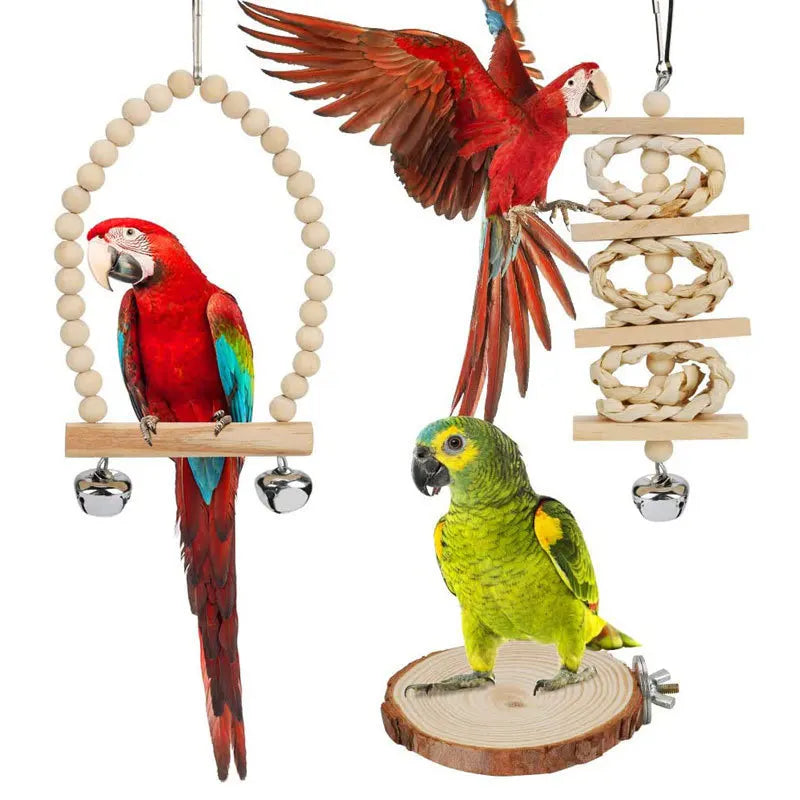 7 pièces ensemble combinaison perroquet oiseau jouets Articles en bois morsure animal de compagnie oiseau jouets pour perroquet formation oiseau jouet balançoire balle cloche Standi