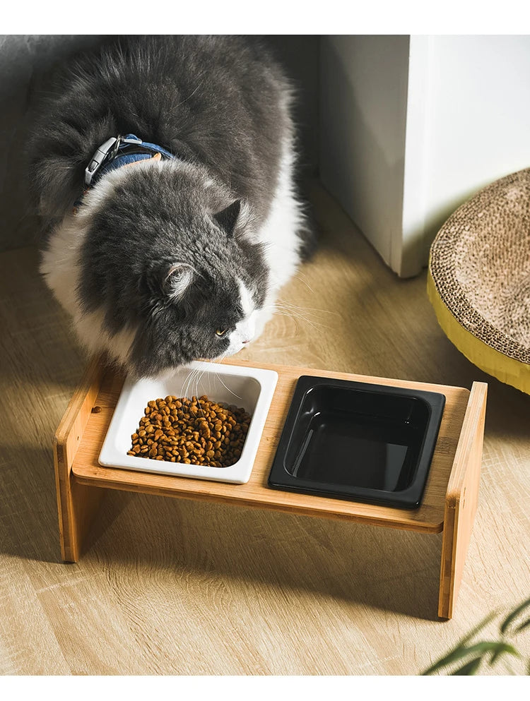 Cuencos triples dobles para gatos, comederos de agua de cerámica para mascotas con soporte de bambú, cuenco elevado para comer y beber para perros cachorros