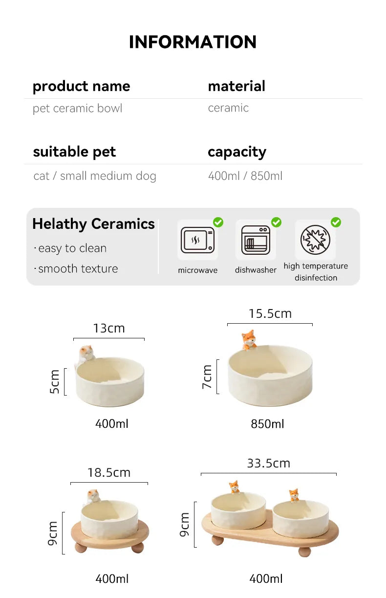 840ml Dogs Double Bowls with Wooden Shelf Cat Elevated Food Water Feeders Pet Small Medium Dog Drinking Eating Ceramics Bowl