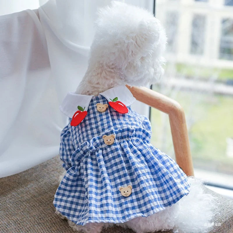 Ropa para mascotas, vestido de princesa con oso de manzana a cuadros azul, transpirable, fino, para primavera/verano, adecuado para perros pequeños y medianos, 1 ud.