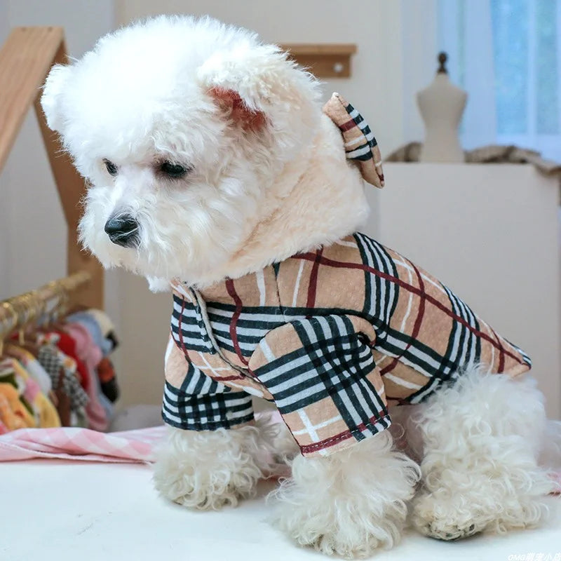 1PC Pet Apparel Cat Winter Thickened and Plucked Warm Coffee Plaid Hat Bowknot Cotton Coat Suitable for Small and Medium Dogs