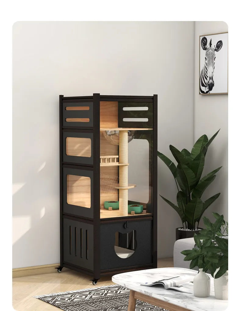 Villa de madera maciza para gatos, mueble para TV de acero y madera, espacio libre personalizado de gran tamaño para interiores, portador de mascotas, muebles para gatos de juguete, cama