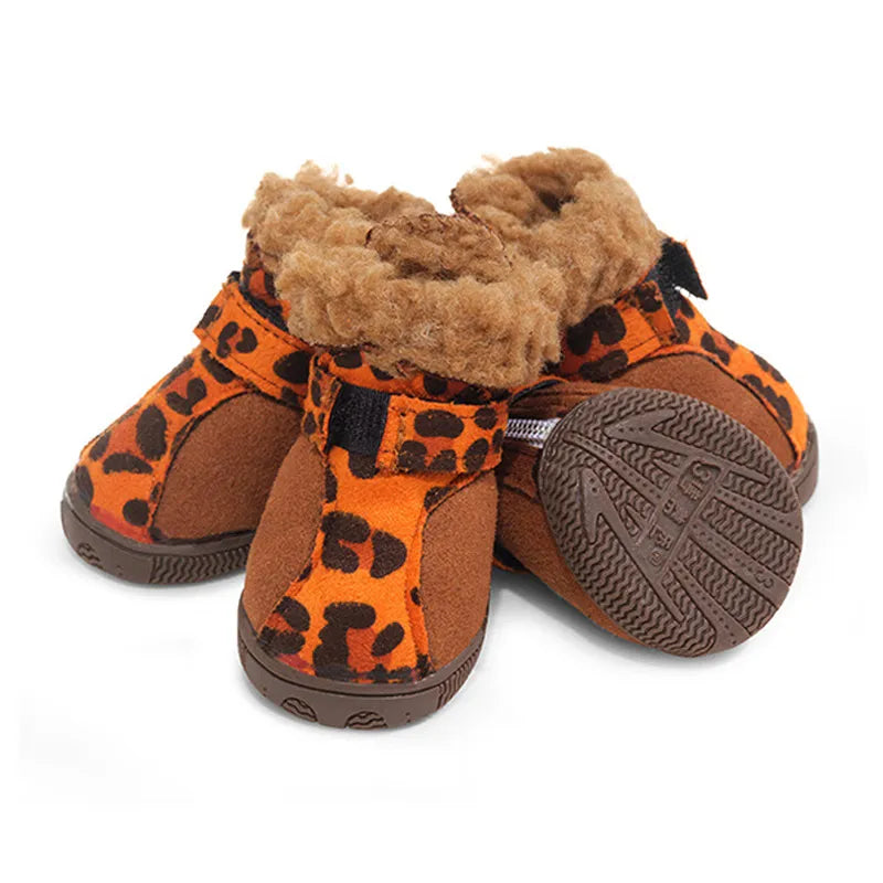 Botas de nieve muy cálidas para perros pequeños Sherpa gamuza leopardo zapatos impermeables para perros 4 unids/set botines antideslizantes suaves y duraderos para cachorros