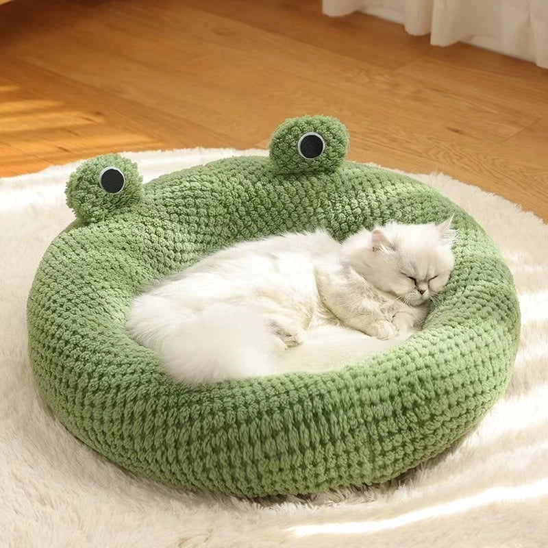 Cama para Gato, cama para perro pequeña, estera redonda de felpa con dibujos de ranas, cálida y profunda comodidad para dormir en invierno, casa para perros y gatos suave y transpirable, suministros para mascotas