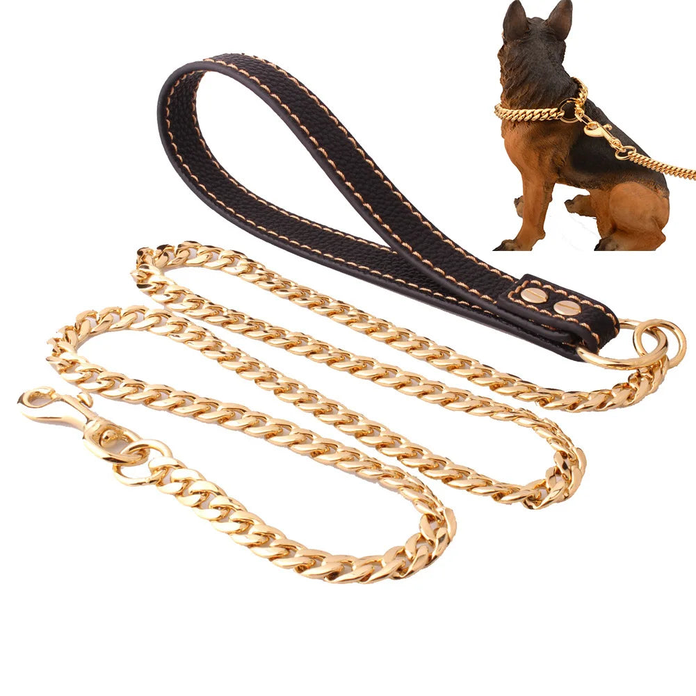 Traction Leash Faux Leather Strong Metal Cuba Stainless Steel Pet Chain for Dog Accessories