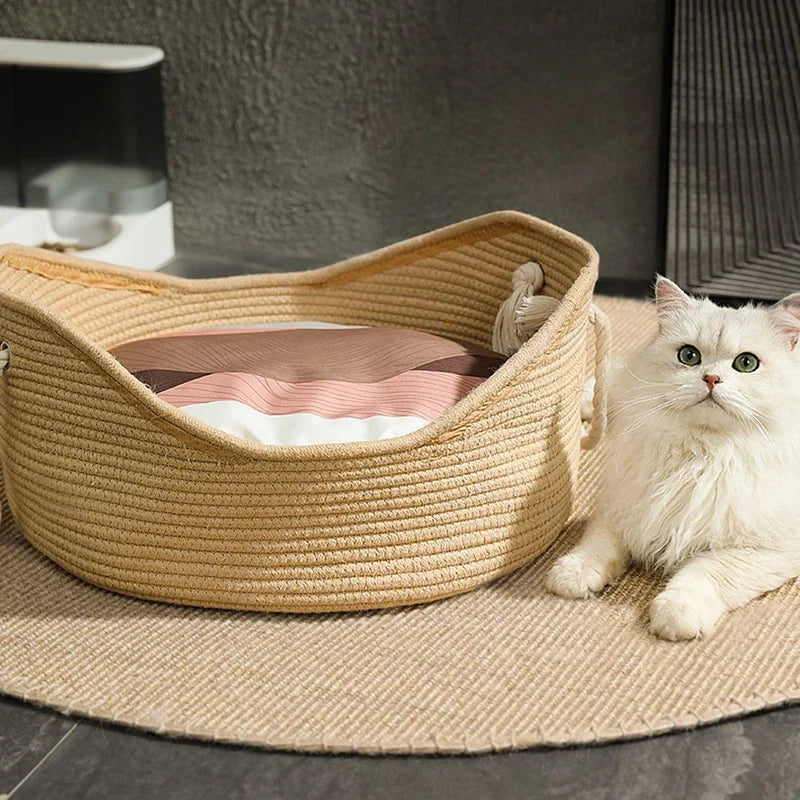 Cama de ratán hecha a mano para gatos, caseta para cachorros, nido fresco tejido de verano para gatos, gatitos, estera para dormir, cojín para tumbona para gatos