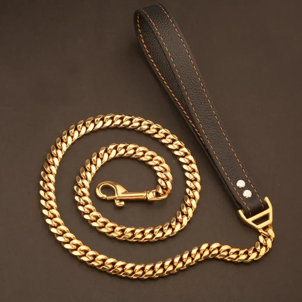 Traction Leash Faux Leather Strong Metal Cuba Stainless Steel Pet Chain for Dog Accessories