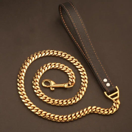 Traction Leash Faux Leather Strong Metal Cuba Stainless Steel Pet Chain for Dog Accessories