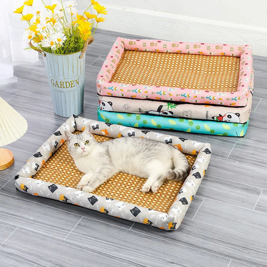 Pet Cat Bed Mat Rattan Woven Cat Sleeping Mat Sofa Bed Summer Pet Cooling Mat for Small Dog Cats Kitten Puppy Beds Cushion