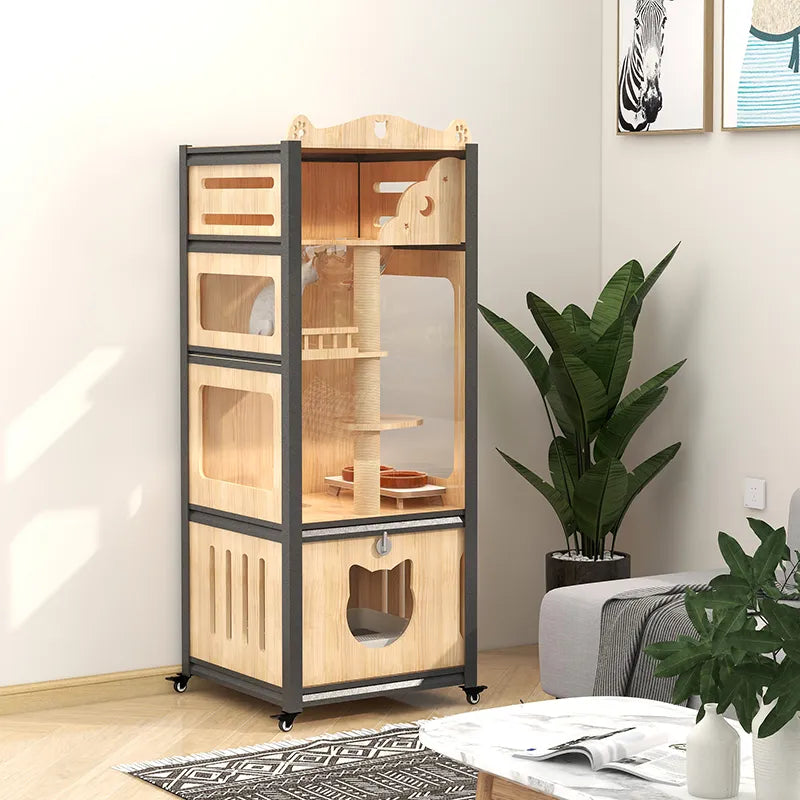 Villa de madera maciza para gatos, mueble para TV de acero y madera, espacio libre personalizado de gran tamaño para interiores, portador de mascotas, muebles para gatos de juguete, cama