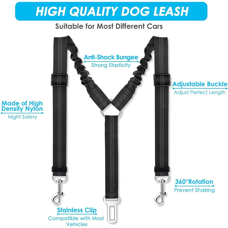 Double Dog Car Seat Belt Elasticity Extention Reflective Stripe Adjustable Vehicle Travel Accessories Safety Leash for Two Pets