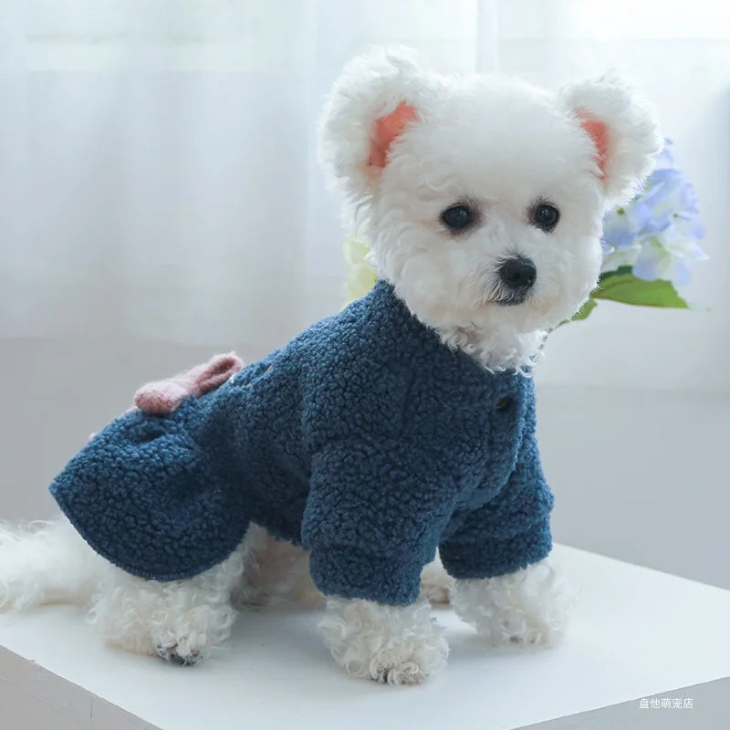 Ropa para mascotas, vestido de princesa con lazo azul cálido y grueso de felpa para otoño e invierno, para perros pequeños y medianos, 1 unidad