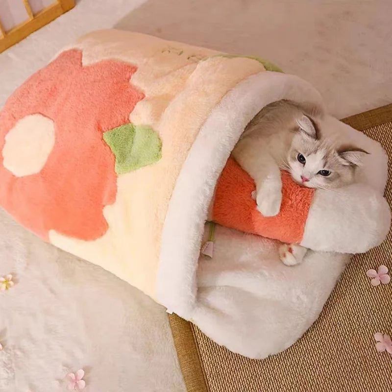 Cama de Gato japonesa Sakura cálida, saco de dormir para gatos, sueño profundo, casa para perros, nido para gatos, cojín con almohada, productos extraíbles para mascotas