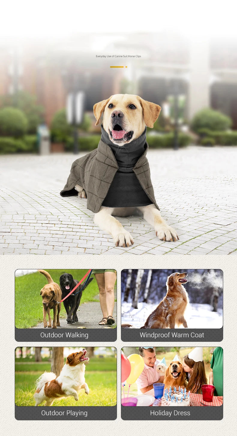 Windproof Plaid Dog Jacket for Male Dogs British Style Autumn Winter Warm Dog Coat Fleece-Lined Adjustable Holiday Formal Dress Fashion Style