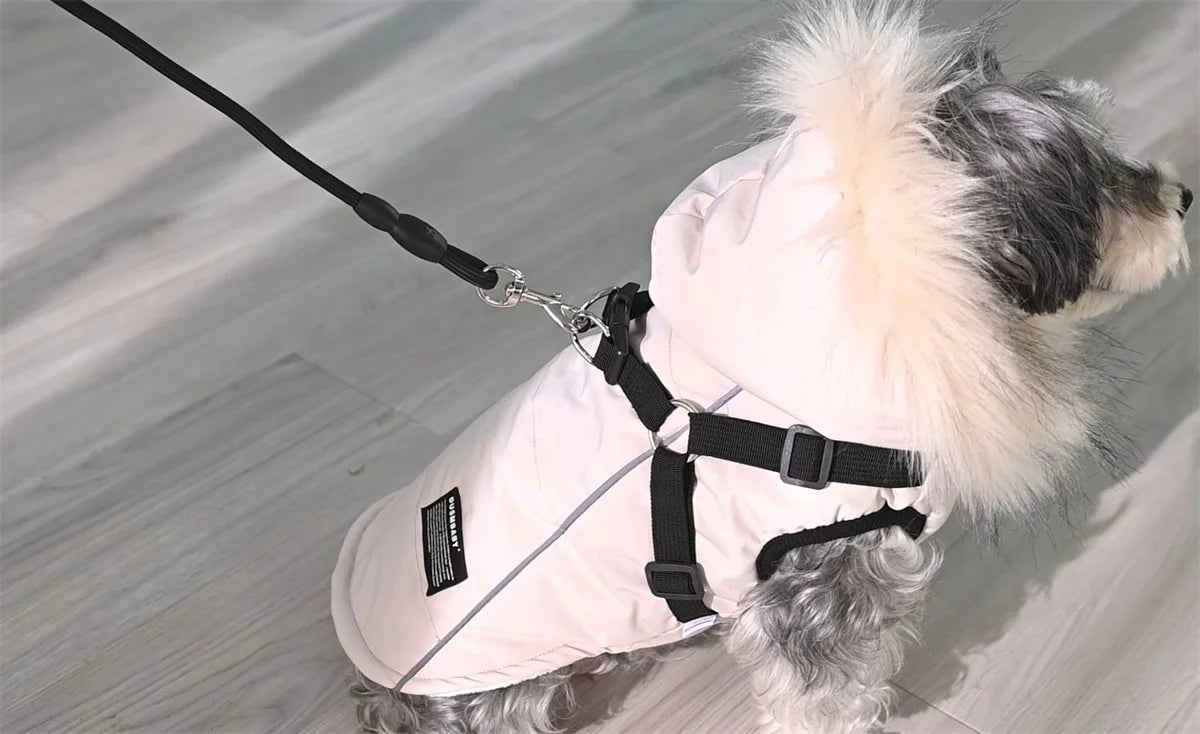 Ropa de invierno para perros, abrigo Parka con Cuello de piel de lujo para perros pequeños, chaqueta cálida acolchada impermeable para mascotas con arnés con cremallera