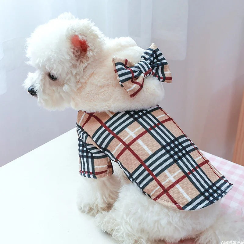 1PC Pet Apparel Cat Winter Thickened and Plucked Warm Coffee Plaid Hat Bowknot Cotton Coat Suitable for Small and Medium Dogs