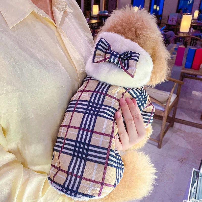 1PC Pet Apparel Cat Winter Thickened and Plucked Warm Coffee Plaid Hat Bowknot Cotton Coat Suitable for Small and Medium Dogs