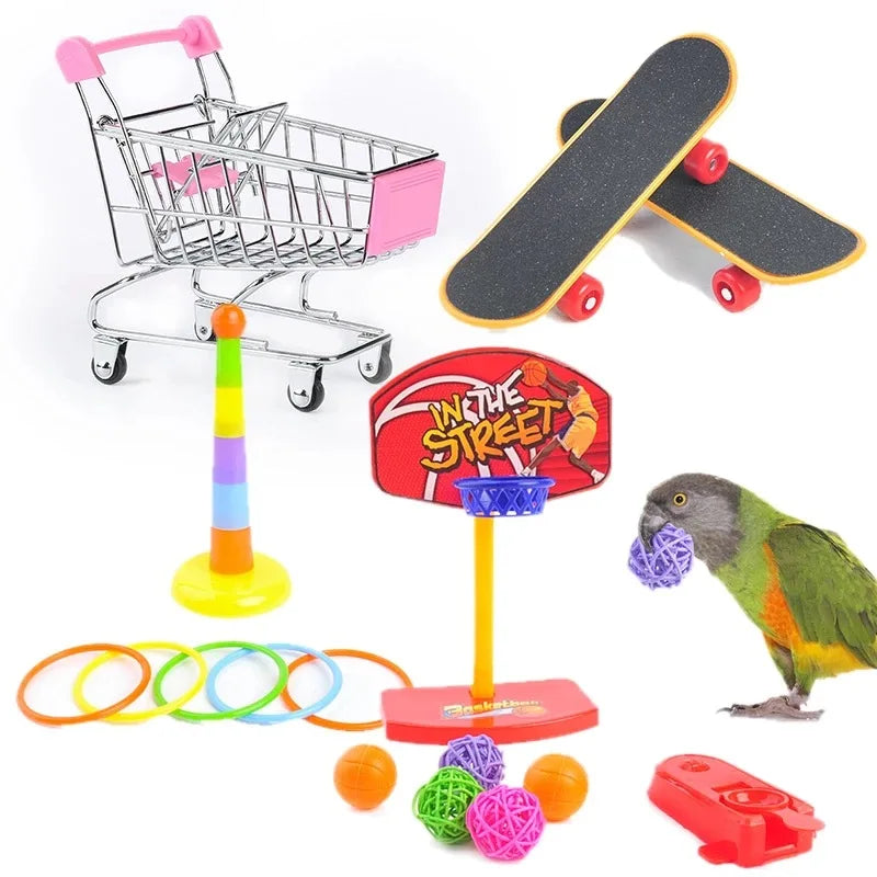 Bird Training Toy Supplies Basketball Stand Lovebird Shopping Cart Bird Toy Shoes Canary Skateboard Parrot Toy Accessories