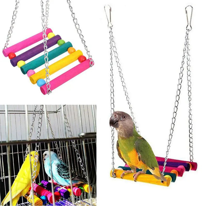 13 pièces Cage à oiseaux jouets pour perroquets bois oiseaux balançoire fiable à croquer morsure pont perles en bois forme perroquet jouet oiseau jouets