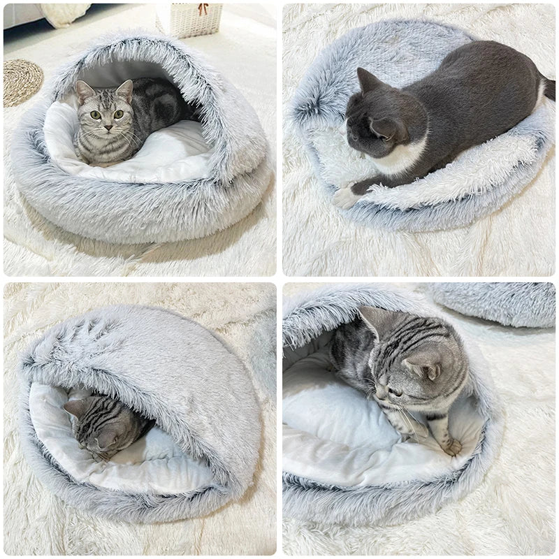 Cama de Gato de felpa larga de invierno, cojín redondo para gato, casa para gato 2 en 1, cesta para gato caliente, bolsa de dormir para gato, nido para gato, perrera para perro pequeño