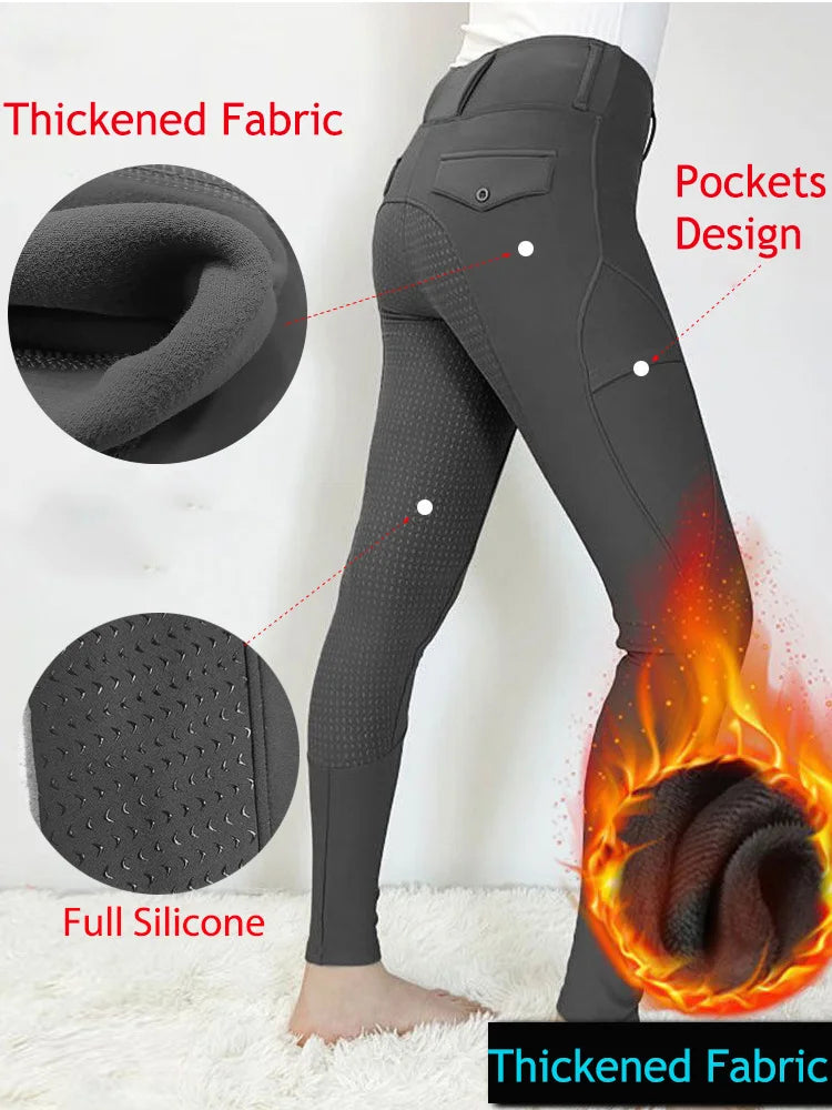 Pantalones gruesos de invierno para montar a caballo para mujer, mallas deportivas con 2 bolsillos y agarre de asiento completo, mallas deportivas, pantalones de equipo de entrenamiento