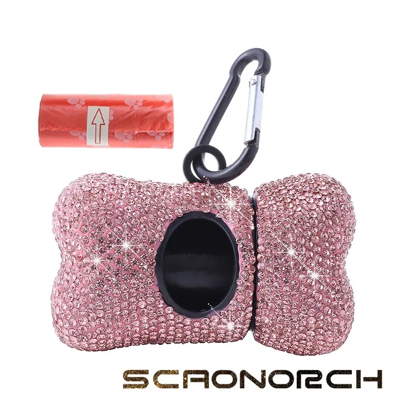 Soporte para excrementos de perro con diamantes brillantes, dispensador portátil de excrementos para mascotas, accesorios de limpieza para gatos con hebilla de metal, artículos para animales