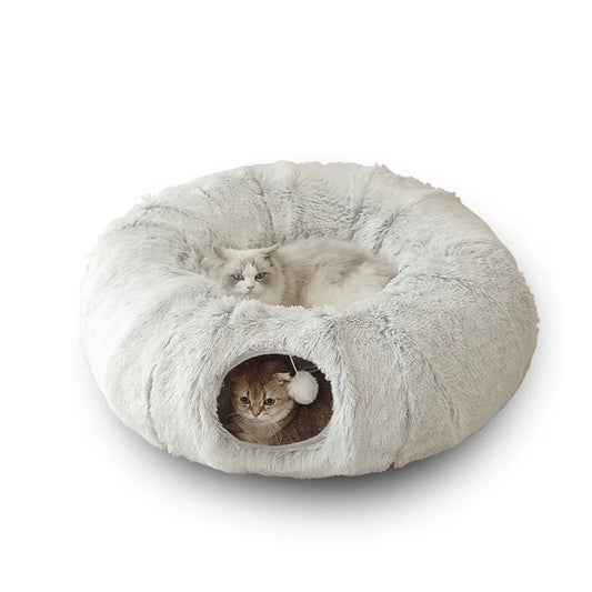 2 In 1 Round Cat Beds House Funny Cat Tunnel Toy Soft Long Plush Dog Bed For Small Dogs Basket Kittens Bed Mat Kennel Deep Sleep