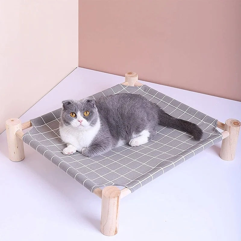 Cama hamaca para gatos y perros, hamaca de madera para gatos, cama de refrigeración elevada, cama portátil desmontable para mascotas para interiores y exteriores, adecuada