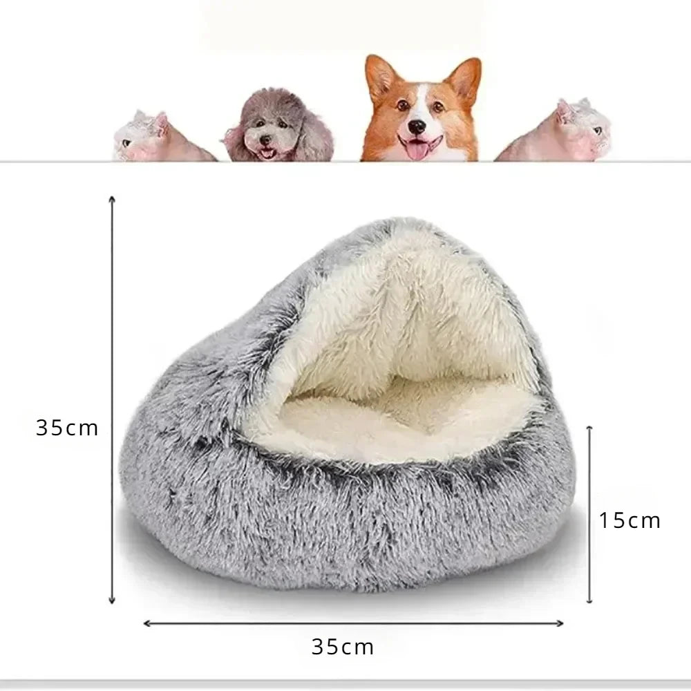 Cama redonda para gatos de felpa suave y larga, cama de Gato de peluche semicerrada redonda y cálida cómoda para perros pequeños, bolsa de dormir para invierno, nido para gatos