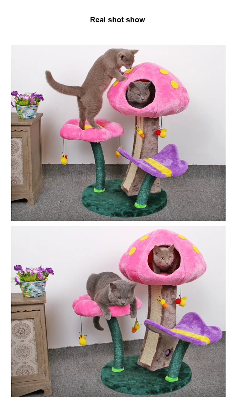 Árbol para gatos de felpa con seta de flores, árbol trepador cómodo y seguro, juego de setas pequeñas, juguetes para mascotas, cama de juego