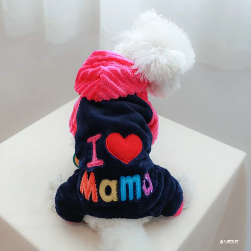 1PC vêtements pour animaux de compagnie chien automne et hiver peluche épaissie rouge I Love MAMA manteau à quatre pattes adapté aux chiens de petite et moyenne taille