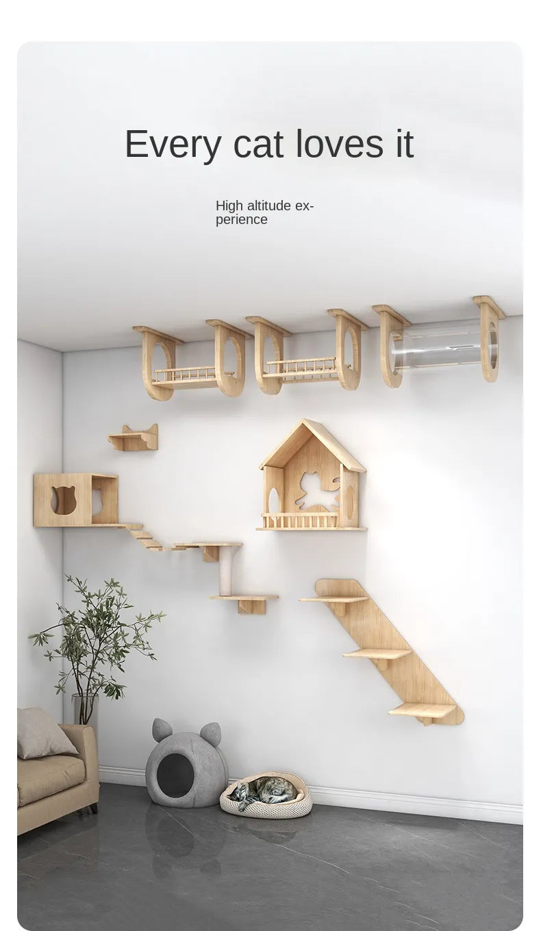 Árbol para gatos, cápsula espacial para pared, marco de escalada, Villa, pasillo de aire, plataforma de túnel de juguete para gatos, productos para mascotas montados en la pared de madera maciza