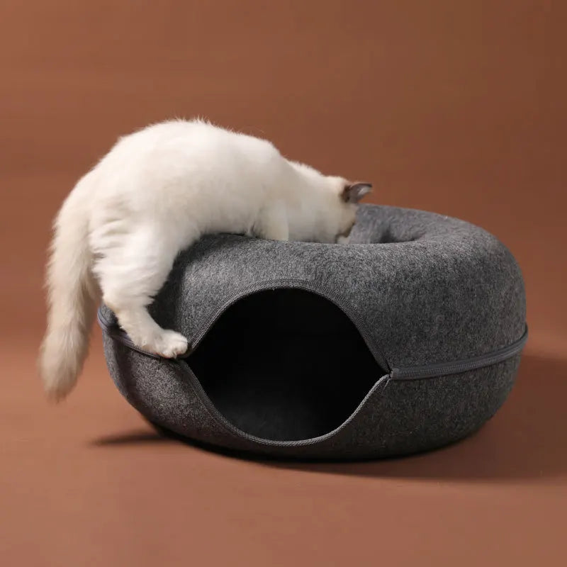 Lit beignet pour 2 chats, Tunnel pour animaux de compagnie, jouets pour chaton, panier de maison, jouets de jeu interactifs pour chats, nid de grotte de lapin en feutre naturel