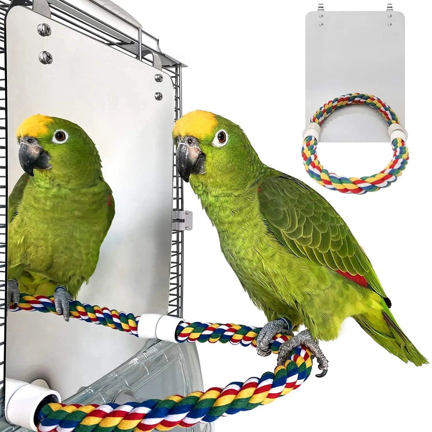 Espejo para pájaros con percha, jaula, columpio, juguete, guacamayos, pinzones, soporte de cuerda para periquito pequeño, suministros para mascotas loros