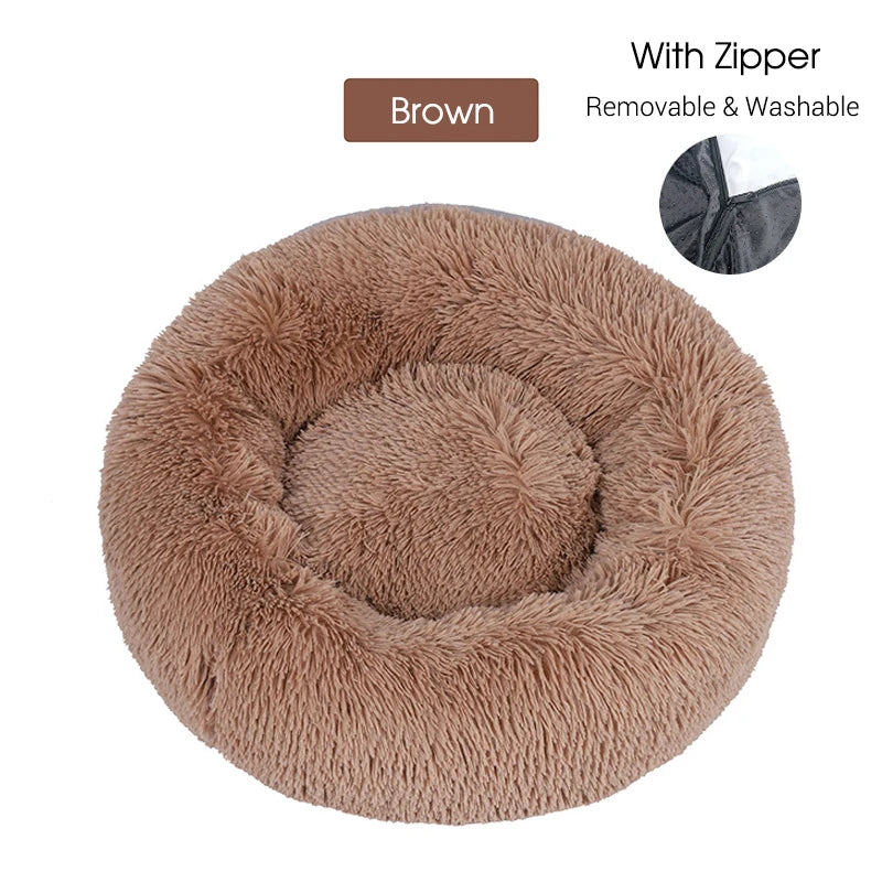 Lit rond en forme de beignet pour chien et chat, lavable, avec fermeture éclair, en peluche longue, de luxe, super doux et chaud, housse amovible, tapis de canapé