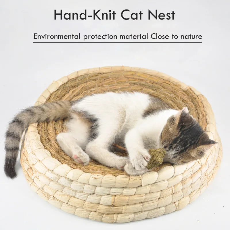 Straw Woven Cat Bed Bird Nest Cat Scratching Board Bowl-Shaped Pet Nest Cat Toy Supplies Hand-Woven Puppy Kennel Cat Straw Bed