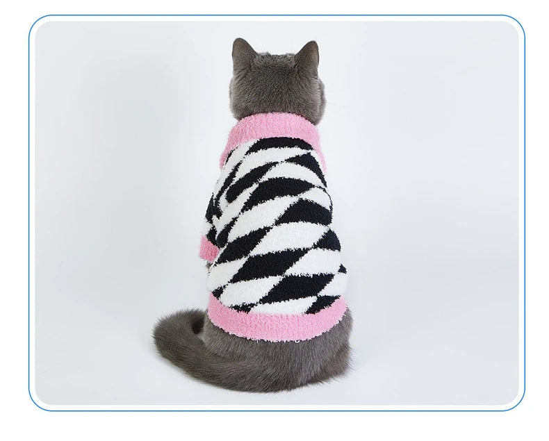 Chandails d'hiver en polaire pour chiens et chats, vêtements chauds et épais à la mode, imprimé losange noir et blanc, vêtements pour animaux de compagnie, Style pull pour chiots