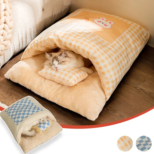 Bonita cama para gatos, saco de dormir cálido para gatos, cueva para dormir profundo, cama desmontable para invierno para mascotas, almohada tipo nido para perros y gatos con almohada