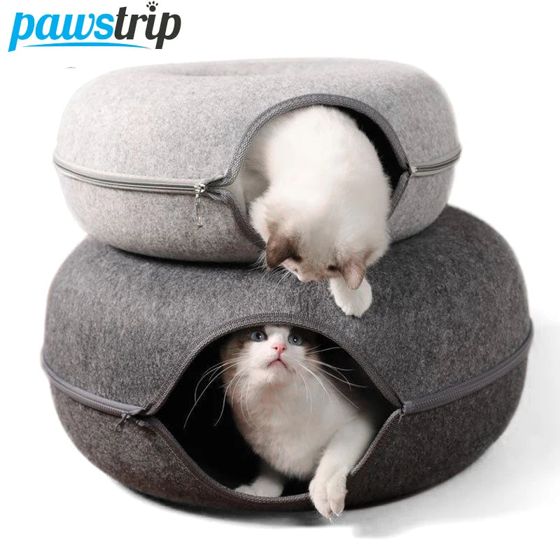 Lit beignet pour 2 chats, Tunnel pour animaux de compagnie, jouets pour chaton, panier de maison, jouets de jeu interactifs pour chats, nid de grotte de lapin en feutre naturel