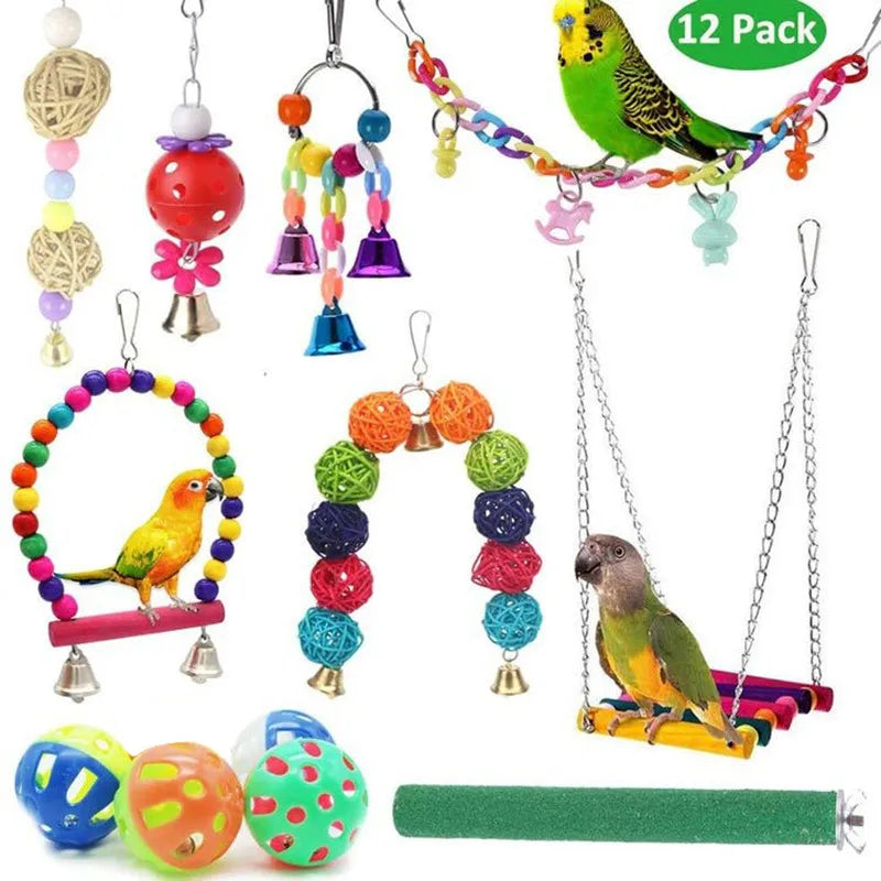 Cage à jouets pour oiseaux, 12 pièces, accessoires pour oiseaux, jouets pour perroquets en bois, pont suspendu, balançoire, Cage à boules, cloches, ensemble de fournitures pour animaux de compagnie