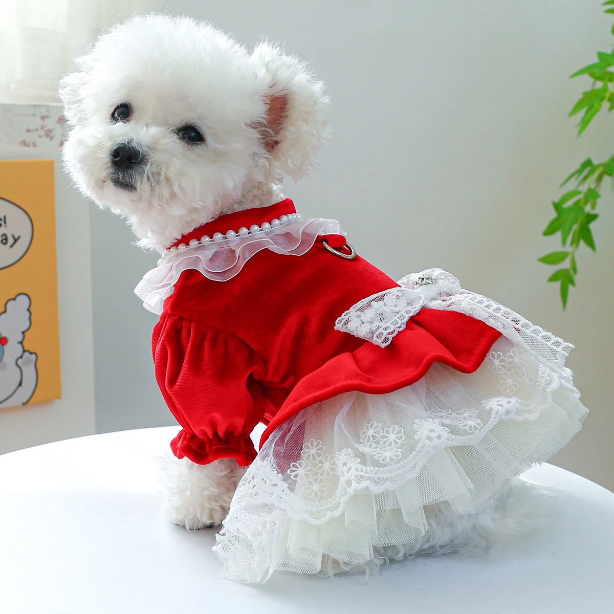 1PC Pet Apparel Dog Spring and Autumn Velvet Wedding Dress Red Princess Dress with Drawstring Buckle For Small Medium Dogs