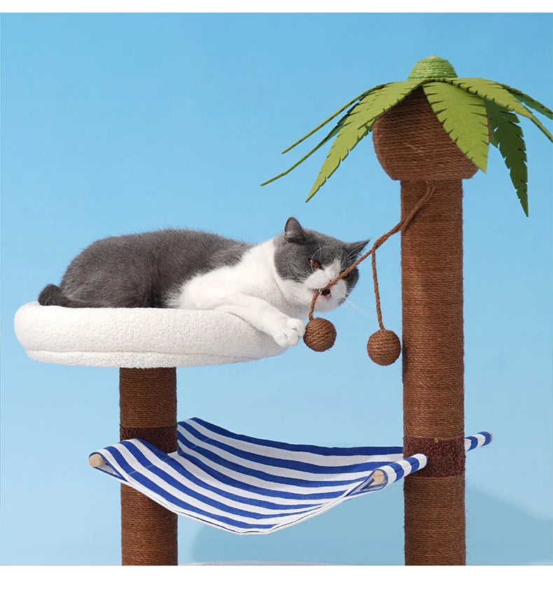 Postes rascadores para gatos, árbol de coco para mascotas, torre de modelado para rascar, marco de escalada para gatos, juguetes con hamaca y cama con estera