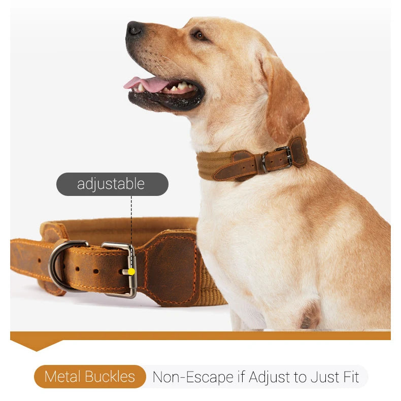 Collar táctico para perros grandes de cuero de vaca, ajustable, duradero, para mascotas, sin escape, sin tirones, para Labrador Doberman, accesorios, estilo de moda