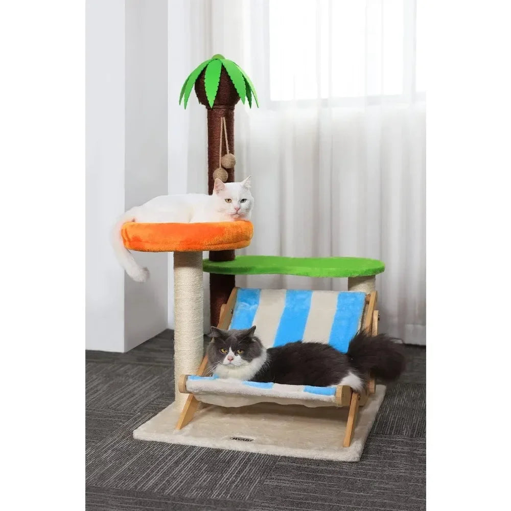 43.3 Inch Cat Coconut Tree Deck, Cat Tree Tower Condo Furniture Plush Apartment Cat Tree