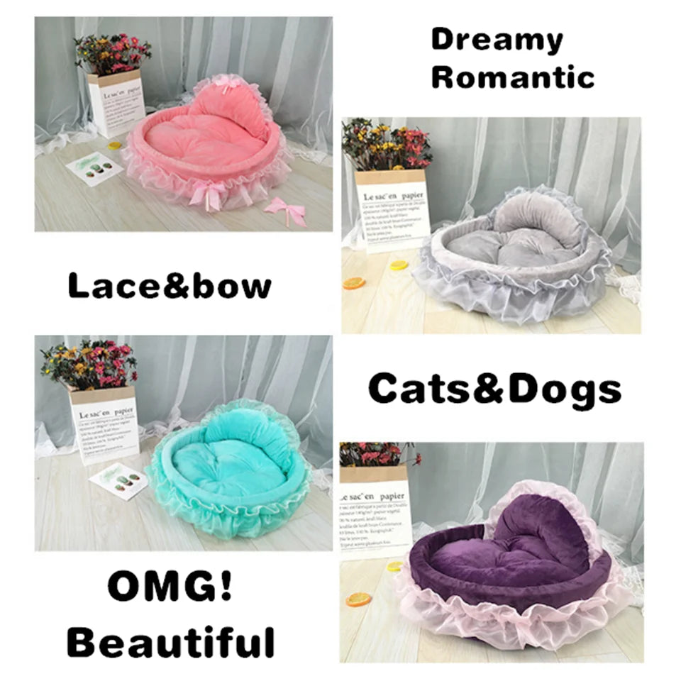 Hanpanda-cama para perros de encaje con lazo de fantasía, camas para perros grandes, cama desmontable ovalada de princesa rosa para mascotas, cesta para perros, muebles de boda para mascotas